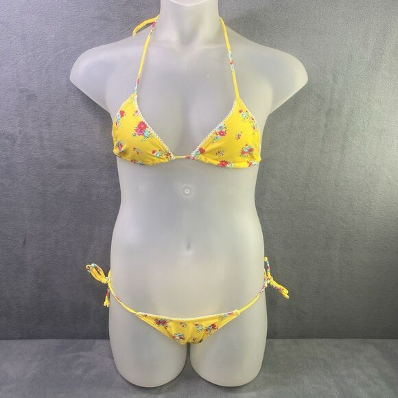 AGUA DOCE Brazilian 2-pc Bikini Size Large Yellow Flowers Lace Trim Hip Tie - Picture 1 of 9